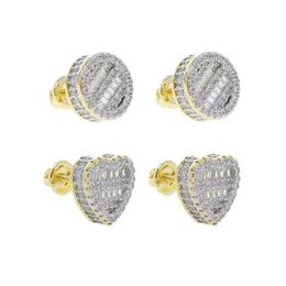 Stud Iced Out Bling Micro Pave CZ 5a Cubic Zircoina Round Hjärtformad Skruv Bak Örhänge Två Ton Färg Hip Hop För Kvinnor Smycken