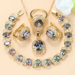 2021 New Arrival Gold-Color Wedding Pierścień Zestawy Biżuteria Rainbow Stone Charm Bransoletka Naszyjnik Zestawy Afrykańskie Kobiety Akcesoria H1022