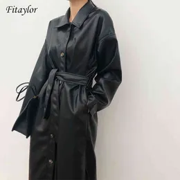 Fitaylor PU кожаная длинная куртка весенние женщины свободный ремень Искусственная ветровка траншея пальто тонкий