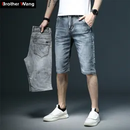 Sommar män slim passform kort jeans mode bomull stretch vintage denim s grå blå byxor manlig varumärke kläder 210712
