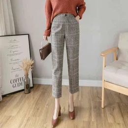 Winter Pant Woolen Harun Jesień Retro Plaid Elastyczna Wysoka Talia Garnitur Rzodkiew Office 211124