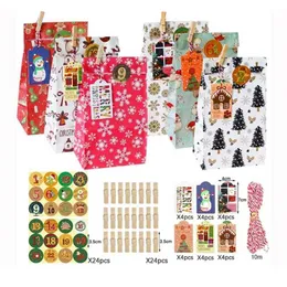 Joybos Рождество Advent 24-Piece Difk Bag Candy Kraft Paper Package Веселая наклейка с зажимным шоколадом 211104