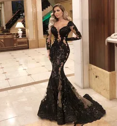 2021 Plus Size Arabski ASO EBI Black Lace Zroszony Suknie Wieczorowe Syrenki Długie Rękawy Prom Dresses Sexy Formal Party Drugi Reception Suknie