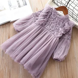 Girl Dresses Lantern Sleeve kids clothing Party Princess Spring Kids Lace Children Dress with Pearls Purple and White 3-7T Q0716