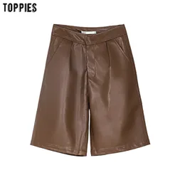 Toppies Faux Leather Shorts Mulheres Cintura Alta Knee Comprimento Straight Shorts Streetwear Roupas 210302