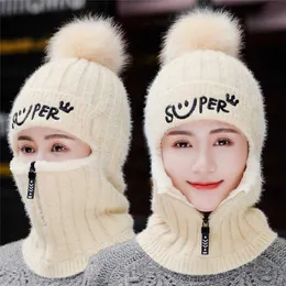 Female Winter Knitted Hats Add Fur Lined Warm For Women With Zipper Keep Face Warmer Balaclava Pompoms Cap 211228