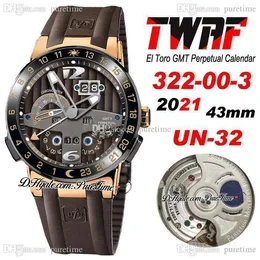 TWAF Executive El Toro UN-32 Automatyczny Zegarek Mężczyzna GMT Perpetual Kalendarz Rose Gold Brown Textured Dial Pasek gumowy 320-00-3 Super Edycja Zegarki 2021 PureTime E5