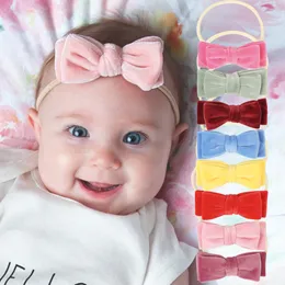 Baby Girls Headbands Kids Bow Nylon Bowknot Hårband Elastiska Barn Hårtillbehör Prinsessan Velvet Headwear Solid Färger Kha291