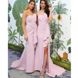 Satin Mermaid Long Bridesmaid Dresses 2020 Strapless Bow Sash Side Split Wedding Guest Dresses Formal Maid of Honor Dress