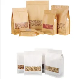 Kraft Paper Packing Bag Reusable Stand Up Storage Pack Paketväska med fönster för att lagra snacks Tea mat