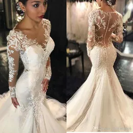 2021 Mermiad Wedding Dresses Long Sleeves Lace Applique Sexy Illusion Covered Buttons Back Scoop Neck Beach Wedding Bridal Gown vestidos