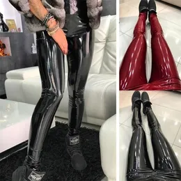 QicicITOUT Sexy Elastyczne Stretch Spodnie Skinny Kobiety Wysoka Talia Push Up Leather Black Legginsy Geggings 220311