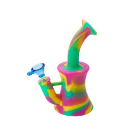 6,5-Zoll-Silikon-Bongbecher, hochwertige Wasserpfeifen, Cartoon-Tarnfarben-Design mit Silikon-Downstem, 14-mm-Buchse, unzerbrechliche Bohrinsel-Bongs, Glasschale