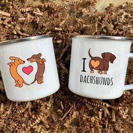 Jag älskar dachshunds tryckta emalj rånar kreativa glas kaffe drycker efterrätt mjölk kopp glas vintage värme handtag drinkware gåvor g1126