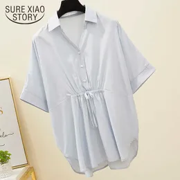 Verano elegante cuello en V sólido grande camisas delgadas para niñas 5XL de gran tamaño estilo coreano blusa suelta mujeres blancas Tops 9884 210527