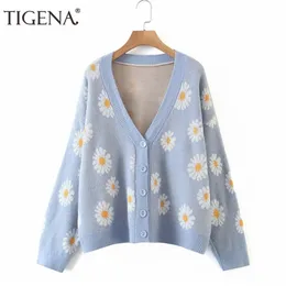 TIGENA Cardigan in maglia Donna Autunno Inverno Cute Daisy Stampa floreale Bottone Maglione allentato Giacca da donna Cappotto Blu Rosa 211011