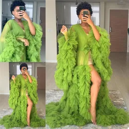 2021 Lüks Yeşil Pijama Fotoğraf Sahne Gelin Bornozları Uzun Kollu Ruffles Kadın Nightgowns Artı Boyutu Elbise