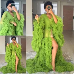 2021 Luxo Verde Sleepwear Fotografia Pôsteres Pessoas Nupciais Manga Longa Ruffles Mulheres Nightgowns Plus Size Dress