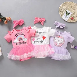 Barnkläder Tjejer 2021 Sommar Nyfödd Spädbarn Baby Girls Mesh Kjol Romper + Headbands 2pcs / Set Boutique Kids Jumpsuits Kläder M3307