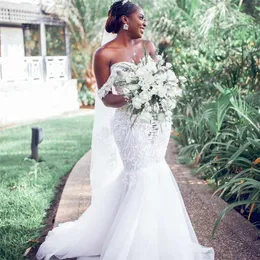 2021 Vestidos de casamento da sereia africana Plus size fora do ombro tule vestidos de novia laço apliques vestidos de noiva