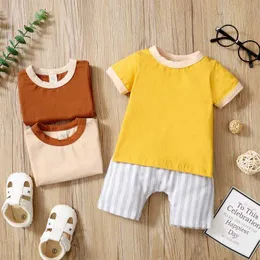 Baywell Baby Boy Girl Sommarkläder Solid Linne Kortärmad T-shirt Toppar Shorts Byxor Spädbarn Unisex 2pcs Sommar Outfits Suit G1023