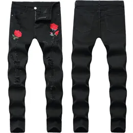 Dżinsy męskie przyjeżdżają Slim Stretch Black Ripped wysokiej jakości haft róży Dżinsowe spodnie Lekkie Luksusowe Sexy Casual Men;