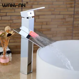 Bathroom Sink Faucets LED Basin Waterfall Faucet Chrome Finish 3 Colors Changing Light Mixer Water Tap WF-S79-310