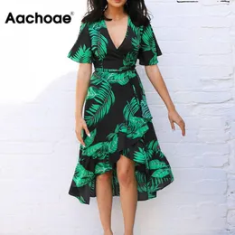 Aachoee Verão Floral Impressão Praia Vestido Longo Mulheres Sexy Profunda V Neck Decote Vestido De Manga Curta Casual Boho Bandage Vestido Vestidos 210309