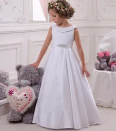 Принцесса белая цветочная девушка платья высококачественным чистым шею с длинным рукавом, бусин, девочки, формальные платья на день рождения, платья для малышей. 403