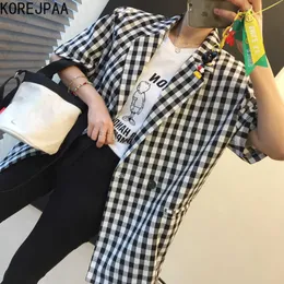 Korejpaaの女性のジャケット夏の韓国のシックな女の子の気質紡績1つのボタン文字印刷パッチ5袖チェックコート210526