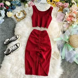 Summer Women 2pcs Set Black/Red Vintage Round Neck Knitted Short Tops + Drawstring Bodycon Skirt Female Two Piece Set 210730