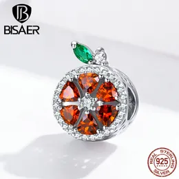 Frucht-Charms BISAER 925 Sterling Silber Sommer fruchtige Grapefruit-Perlen roter Zirkon-Charms passen zu Armbändern zum Selbermachen ECC1277 Q0531
