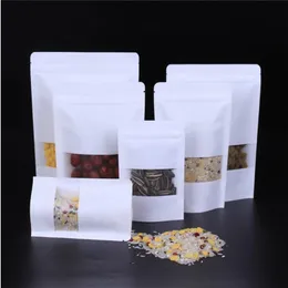 100pcs/lot Sealable Bags White Kraft Paper Bag Stand Up Zipper Resealable Food Grade Snack Cookie Packing Bag with Matte Window