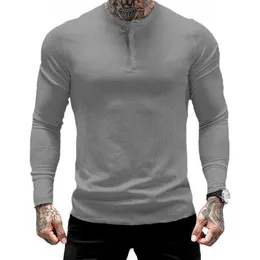 Yemeke Men's Button Collar Långärmad O-Neck Wear Cotton Slim Shirt T-tröja Mode Gym Övning Andningsbara Sportkläder 210629