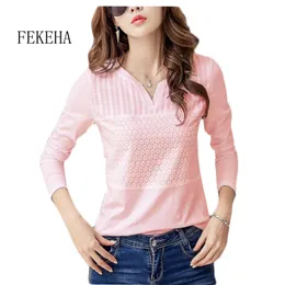 FEKEHA T-shirt bianca Donna Primavera Autunno Cotone Donna Manica lunga T-shirt Scollo a V Donna Top Casual Tees Plus Size 3XL 210302