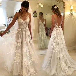 2021 En linje bröllopsklänning V Neck 3D Blommorapplikationer Brudklänningar Saudiarabisk Backless Bride Vestido de Novia