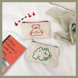 Pennv￤skor Ins Cartoon Embroidery Bear Canvas Case Cosmetic Bag Student Kawaii Large Capacity Storage School Supplies Stationery