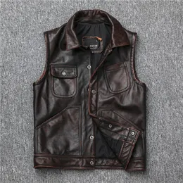 Mäns Västar Biker Mens Vintage Motorcykel Brun Real Läder Vest Högkvalitativ Äkta Waistcoat Cowhide Ärmlös Jacka