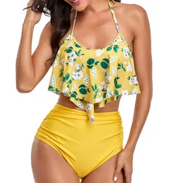 女性用水着黄色のフリルプリント大きな水着ビーチビキニプッシュアップ女性プラスサイズのバザー水着入浴スーツ2021