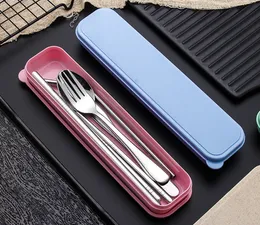 Rostfritt stål bestick set Portable bestick för utomhus resa picknick dinnerware set metall halm med låda och påsar köksredskap