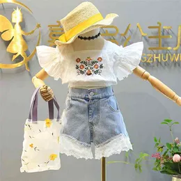 Children'S Clothing Summer Girl Suit Fashion Waist Petal Sleeve Embroidered Blouse +Lace Edge Denim Shorts Clothes 210625