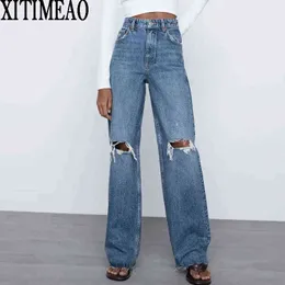 Za hög midja lösa bekväma blå jeans för kvinnor moderna casual raka byxor hål Xitimeao 211129