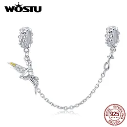 Wostu 925スターリングシルバーセーフティチェーンエルフフェアリーエンジェルチャームフィットオリジナルブレスレットバングル用女性ウェディングジュエリーCQC1278 Q0531