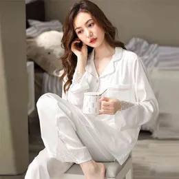 Kvinnor Is Silk Pyjamas Vår Vit Bedroom Sleepwear PJS Lace Edge Pijama Feminino Mujer Dormir Hemkläder Satin Pajama Femme 210809