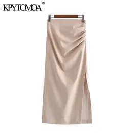 Kpytomoa kvinnor chic mode med draped front slit linne midi kjol vintage hög midja tillbaka dragkedja kvinnlig kjolar mujer 210629