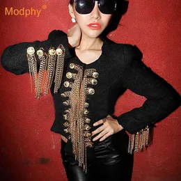 Fashion Winter Runway Design Napoleon Jacket Women's Luxury Gold Buttons Woolen Chain tassel cloth Coat Female 210527