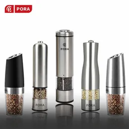 PORA Electric Pepper Mill 1/2Pcs Set Stainless Salt and Grinder with Metal Stand for Kitchen Tools Automatic Spice 210712