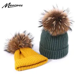 Winter Pompom Hat for Kids Ages 1-7 Knit Beanie Winter Baby Hat for Children Real Natural Fur Pom Hats for Girls and Boys Y21111