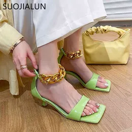 SUOJIALUN 2021 New Brand Women Sandal Shoes Fashion Gold Chain Design Sandals Ladies Thin Elegant Low Heel Party Dress Pumps Sho K78