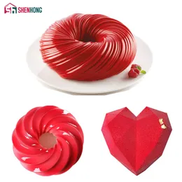 Shenhong 3pcs silikonkaka mögel för bakning vortex kärlek diamant hjärta mögel efterrätt mousse dekorera konditorivaror verktyg 210225